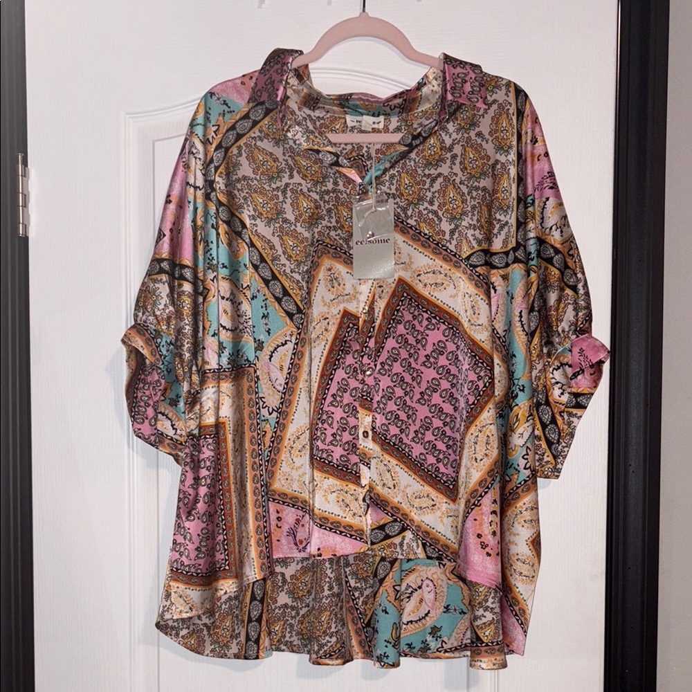 Eesome Brown Blue Button Down Blouse Short Sleeve